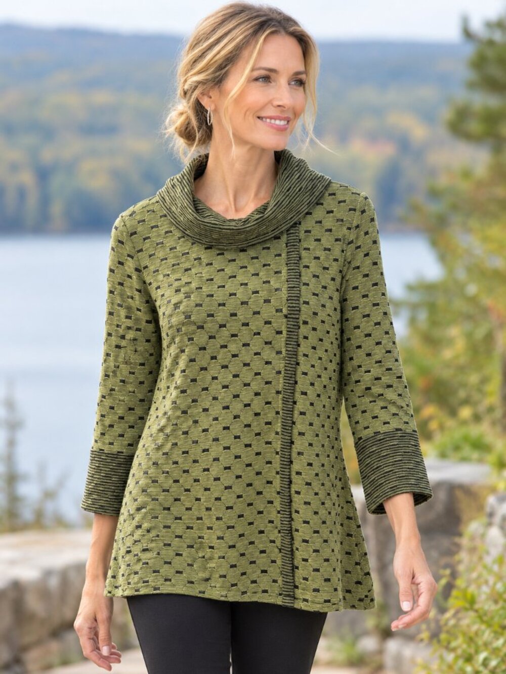 Habitat Cowl Neck Sweater Geometric Knit Relaxed Tunic Fit Green LagenLook